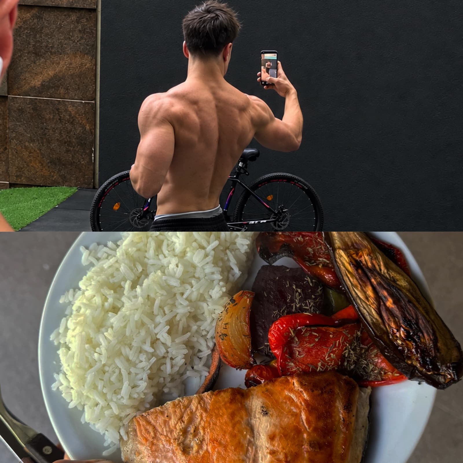 Espalda de Tomás y un plato de salmón con arroz